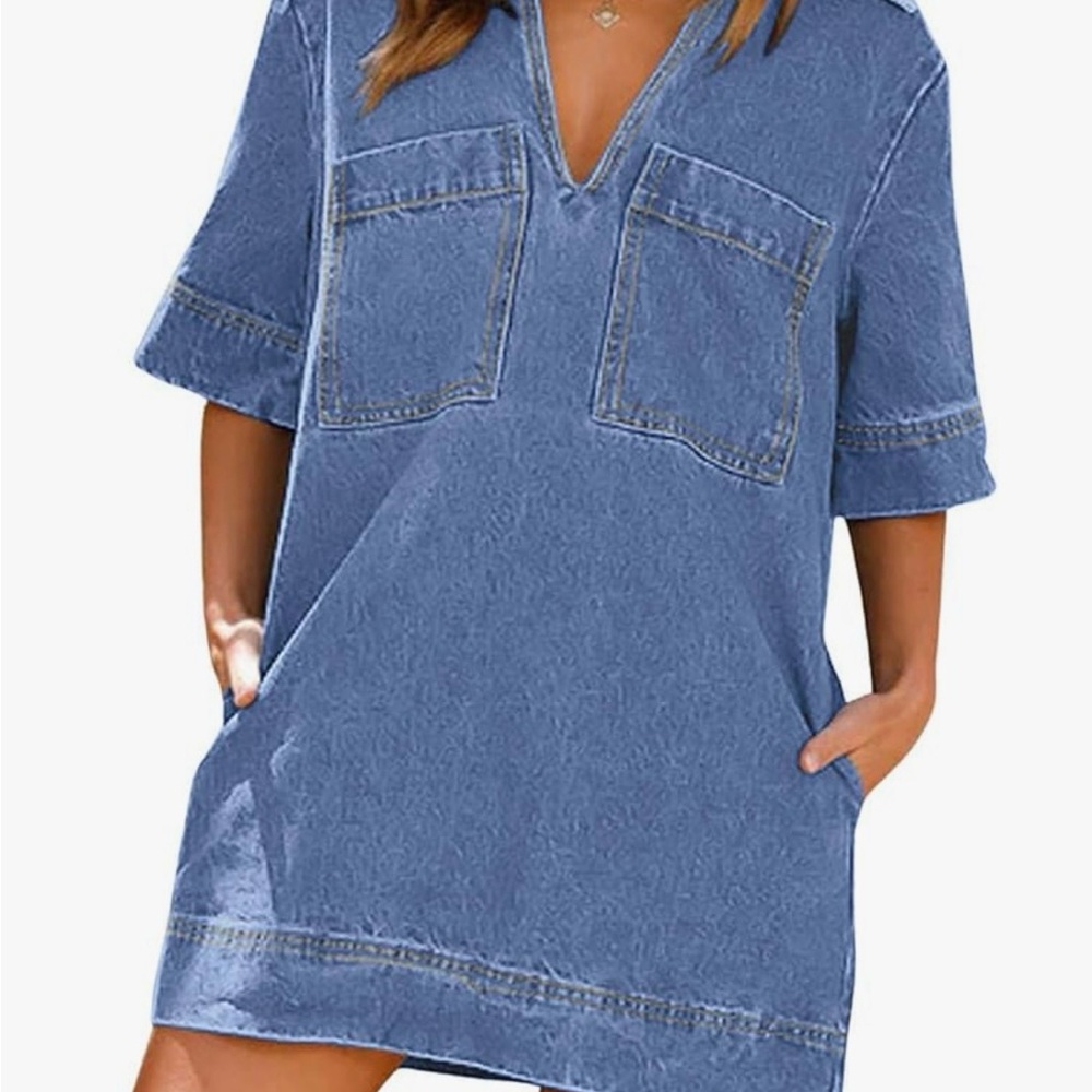 Denim Pocket V-Neck Shift Dress - Blue